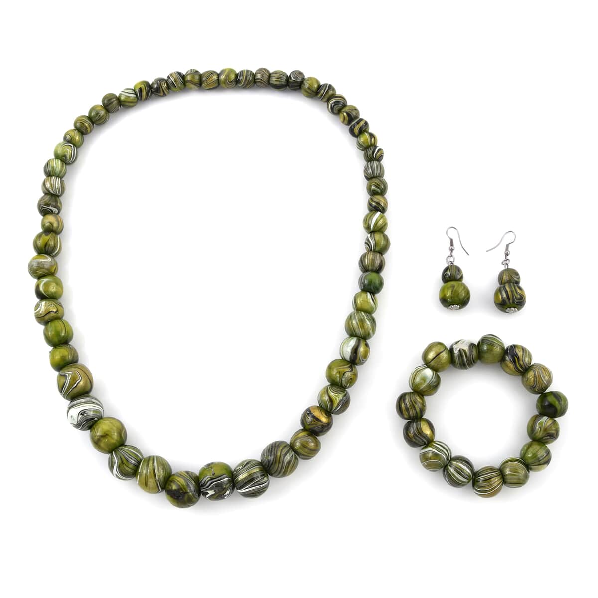 Green Wooden Beaded Necklace 28 Inches, Stretch Bracelet and Earrings in Silvertone image number 0