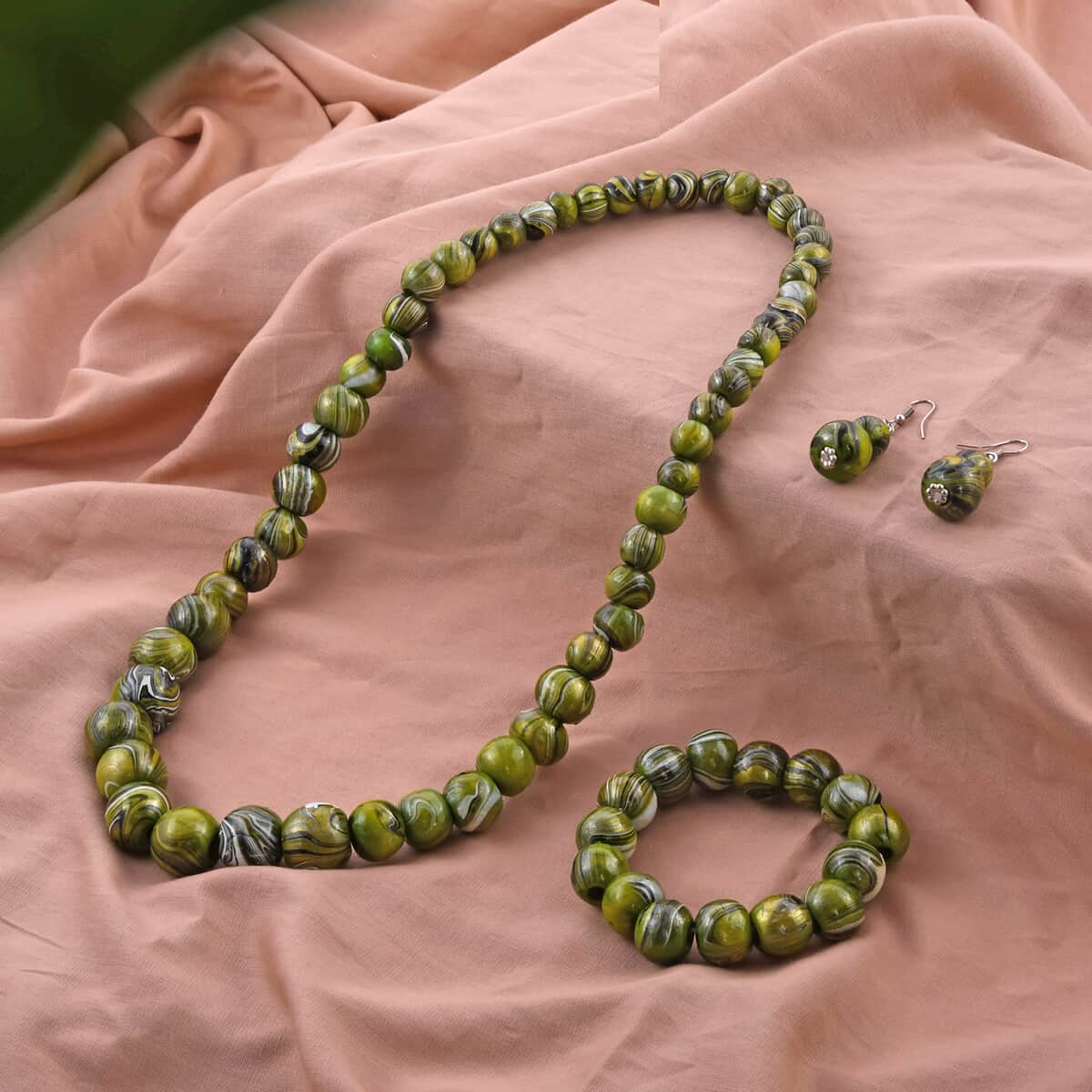 Green Wooden Beaded Necklace 28 Inches, Stretch Bracelet and Earrings in Silvertone image number 1