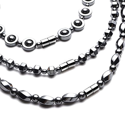 Set of 3 Hematite 999.50 ctw Beaded Necklaces with Magnetic Clasp in Silvertone 20 Inches