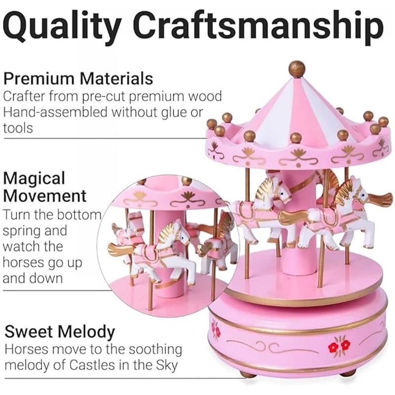 Pink and White 4-Horse Wooden Carousel Music Box