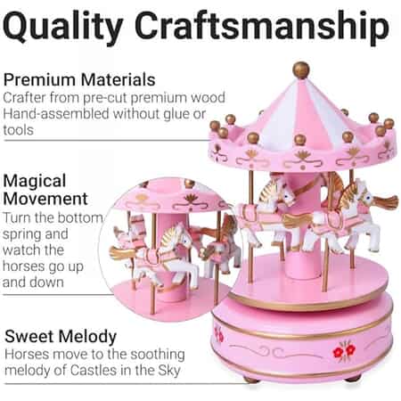 Pink and White 4-Horse Wooden Carousel Music Box image number 2