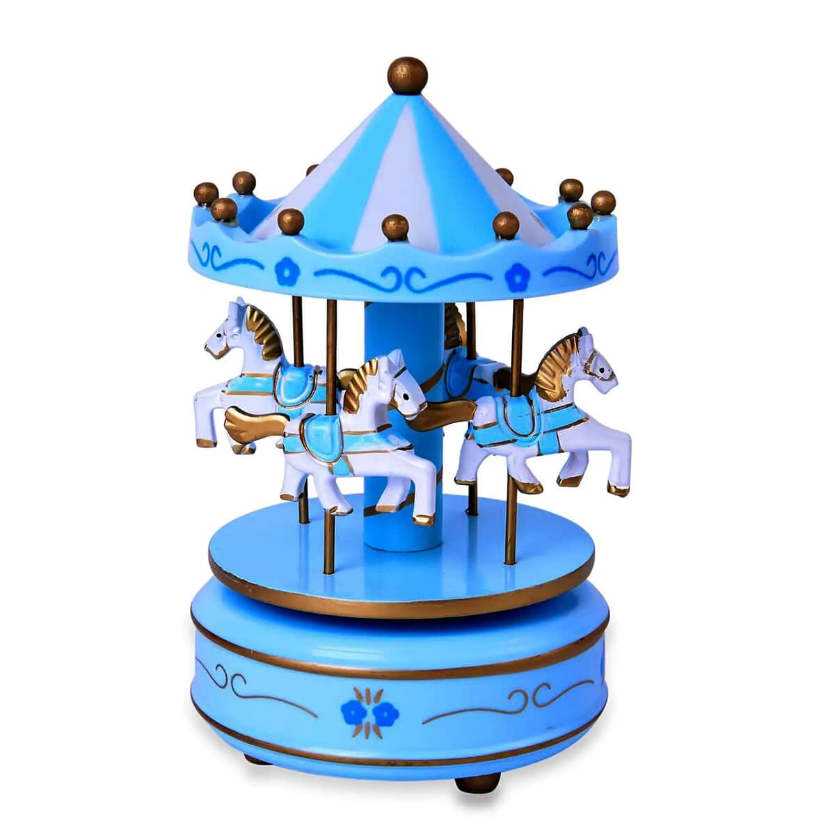Blue and White 4-Horse Wooden Carousel Music Box image number 0
