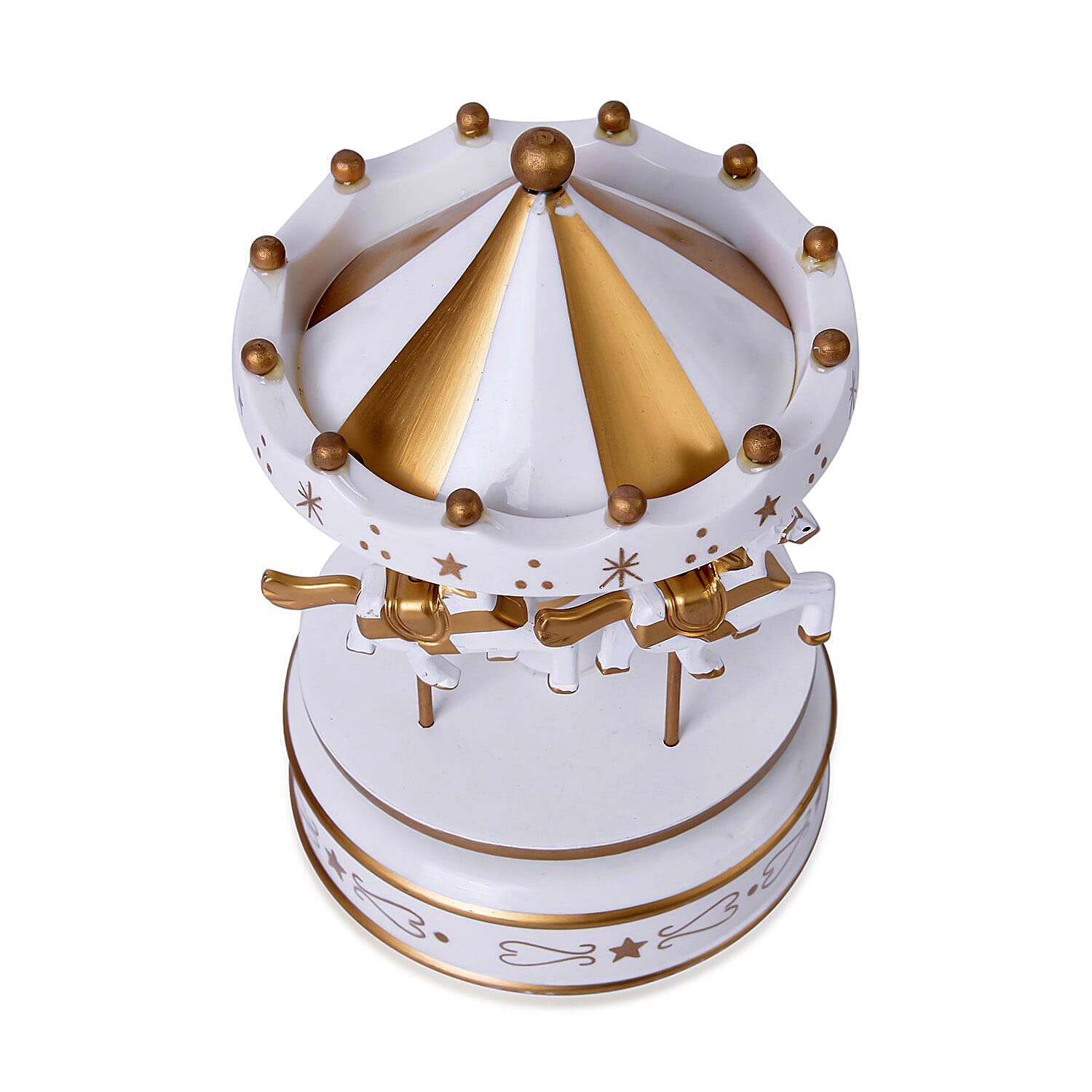 White and Golden 4-Horse Wooden Carousel Music Box
