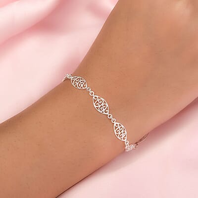 Sterling Silver Scroll & Leaf Pattern Link Bracelet (7.50-8.50In) 4.20 Grams