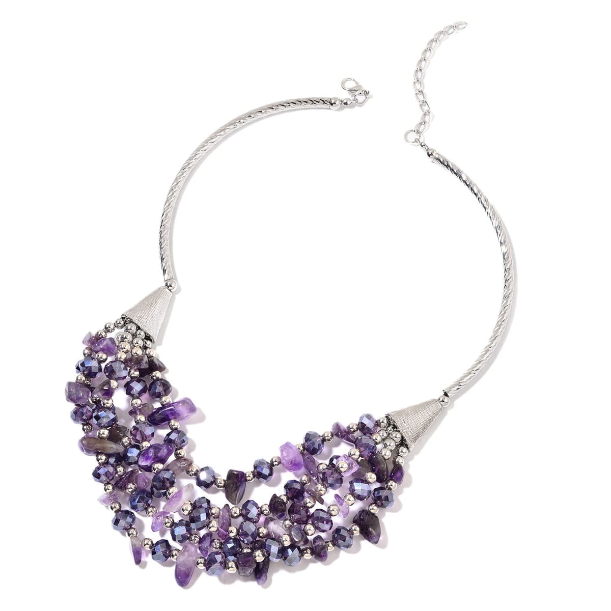 Amethyst, Purple Glass, Chroma Silvertone Bib Necklace (19 in) Total Gem Stone Weight 230.00 Carat image number 0
