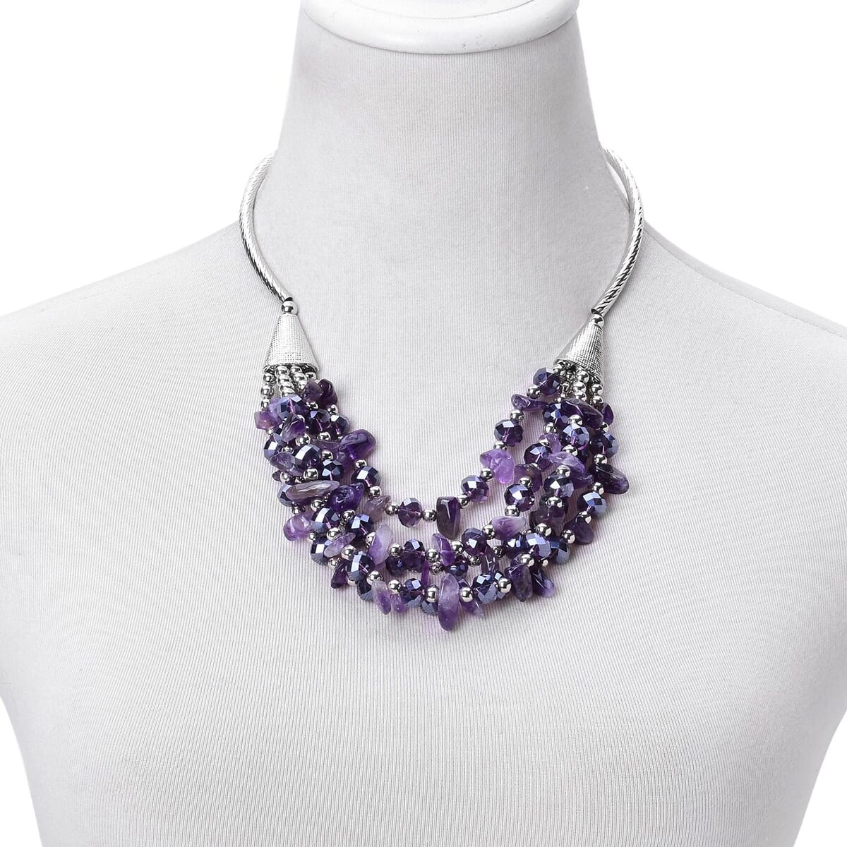 Amethyst, Purple Glass, Chroma Silvertone Bib Necklace (19 in) Total Gem Stone Weight 230.00 Carat image number 1
