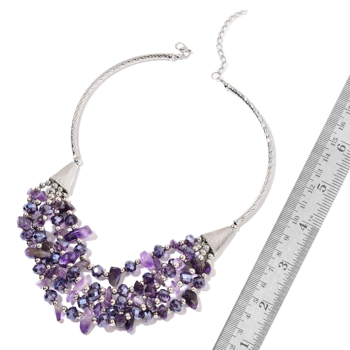 Amethyst, Purple Glass, Chroma Silvertone Bib Necklace (19 in) Total Gem Stone Weight 230.00 Carat image number 2