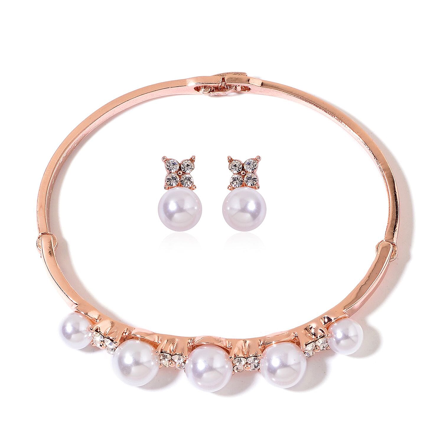 White Chroma Pearl, White Austrian Crystal Rosetone Bangle (8 in) and Earrings TGW 16.00 cts.