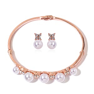 White Chroma Pearl, White Austrian Crystal Rosetone Bangle (8 in) and Earrings TGW 16.00 cts.