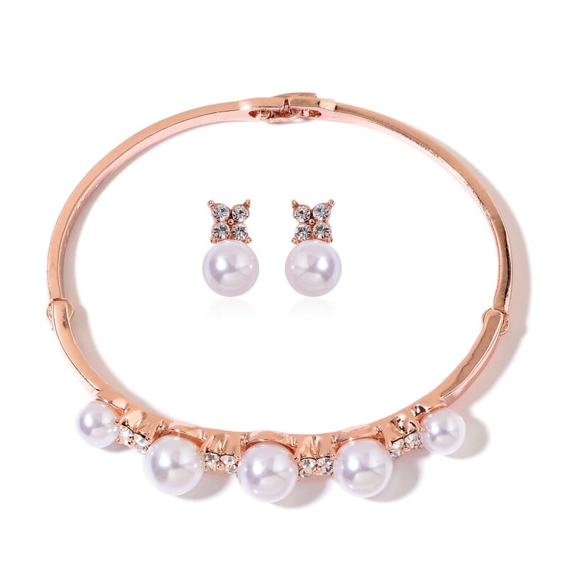 White Chroma Pearl, White Austrian Crystal Rosetone Bangle (8 in) and Earrings TGW 16.00 cts.