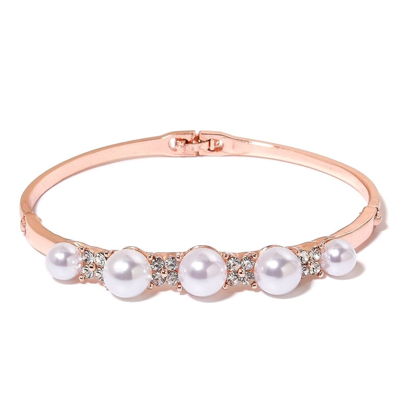 White Chroma Pearl, White Austrian Crystal Rosetone Bangle (8 in) and Earrings TGW 16.00 cts.