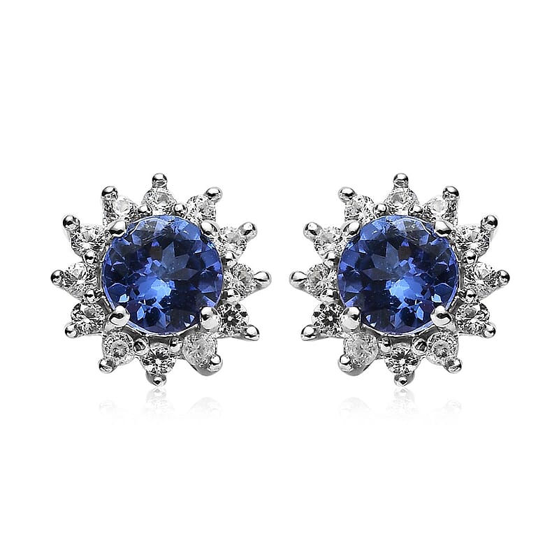 D'Joy Tanzanite and White Zircon 1.00 ctw Flower Stud Earrings in Platinum Over Sterling Silver