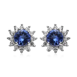 Tanzanite Earrings with Natural Zircon Flower Stud Earrings for Women in Platinum Over Sterling Silver, Wedding Gift for Her 1.00 ctw