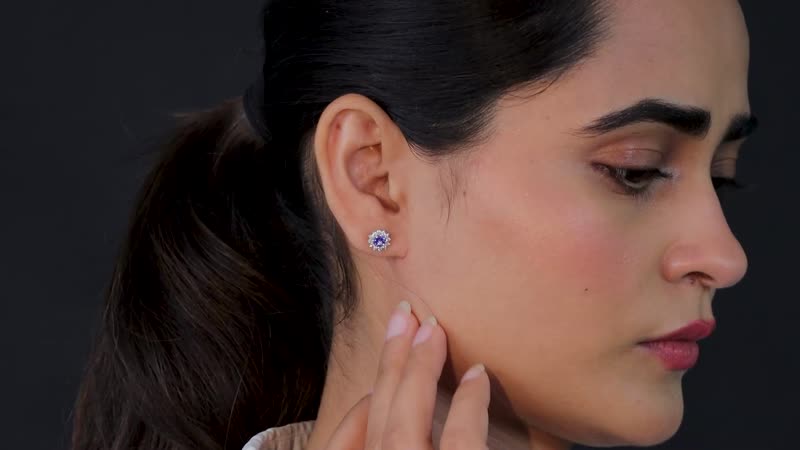 D'Joy Tanzanite Earrings with Natural Zircon Flower Stud Earrings for Women in Platinum Over Sterling Silver, Wedding Gift for Her 1.00 ctw