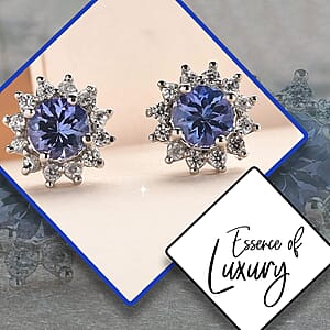 D'Joy Tanzanite Earrings with Natural Zircon Flower Stud Earrings for Women in Platinum Over Sterling Silver, Wedding Gift for Her 1.00 ctw