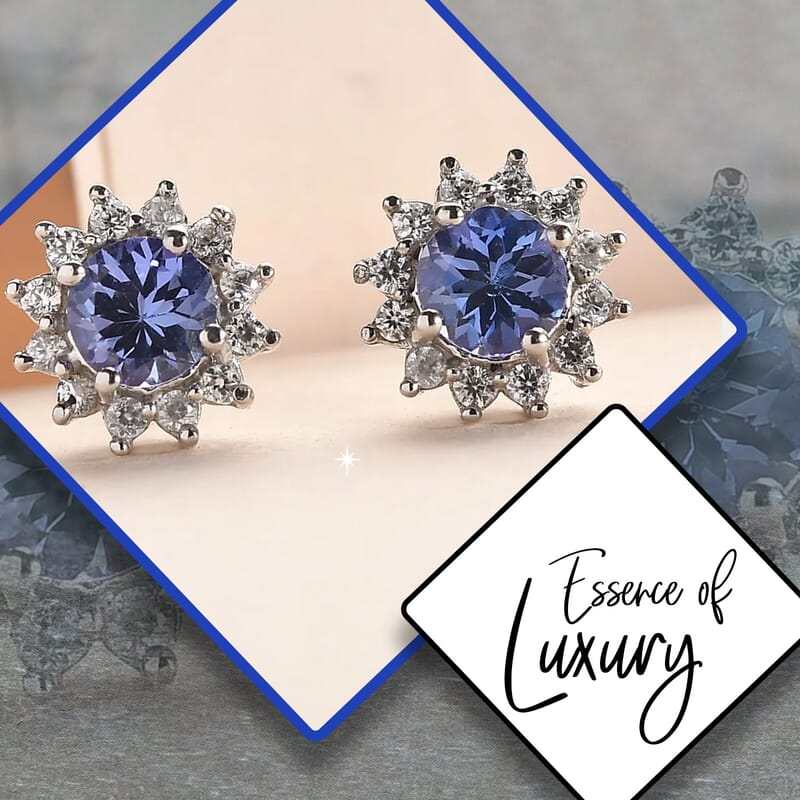 D'Joy Tanzanite and White Zircon 1.00 ctw Flower Stud Earrings in Platinum Over Sterling Silver