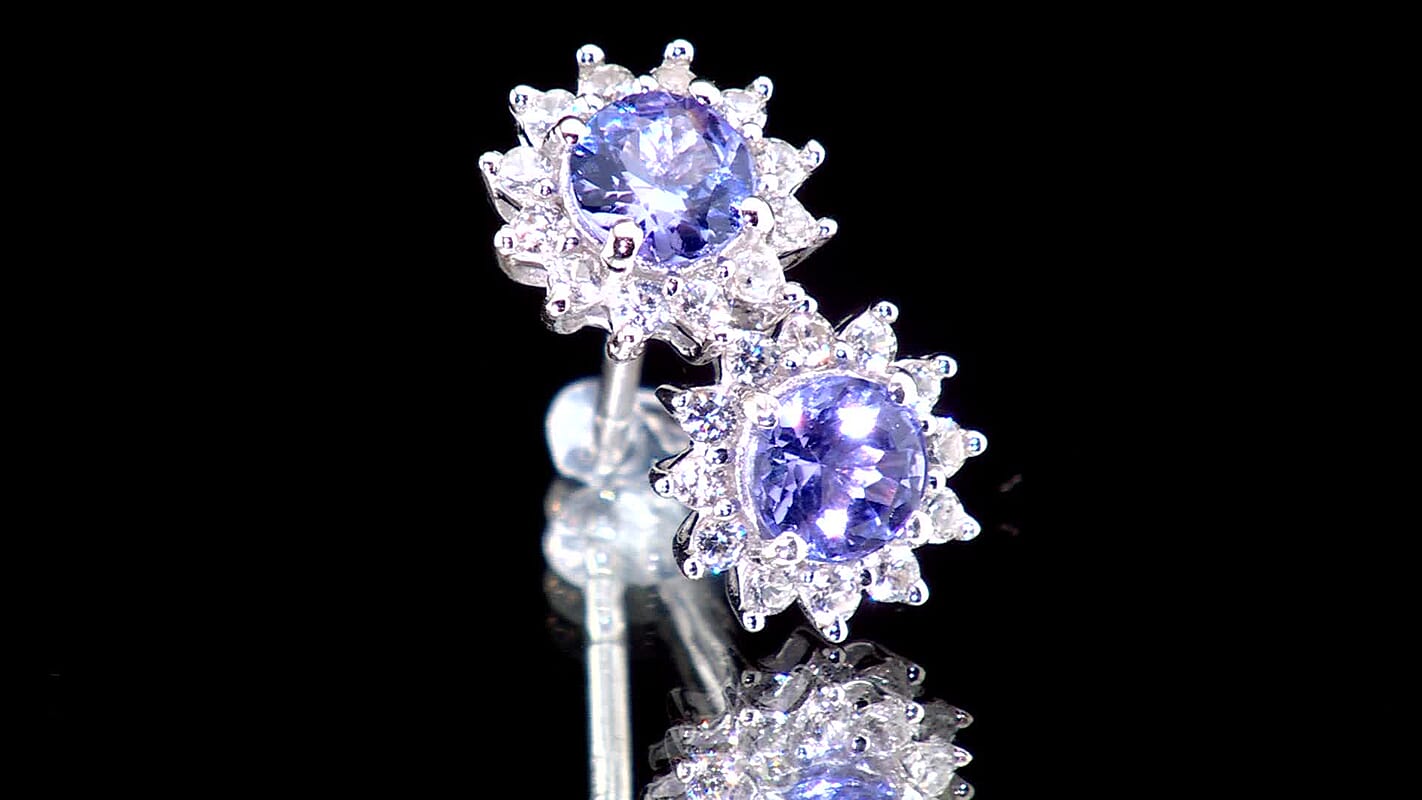 D'Joy Tanzanite Earrings with Natural Zircon Flower Stud Earrings for Women in Platinum Over Sterling Silver, Wedding Gift for Her 1.00 ctw