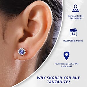 D'Joy Tanzanite Earrings with Natural Zircon Flower Stud Earrings for Women in Platinum Over Sterling Silver, Wedding Gift for Her 1.00 ctw