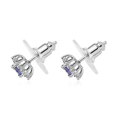 D'Joy Tanzanite and White Zircon 1.00 ctw Flower Stud Earrings in Platinum Over Sterling Silver