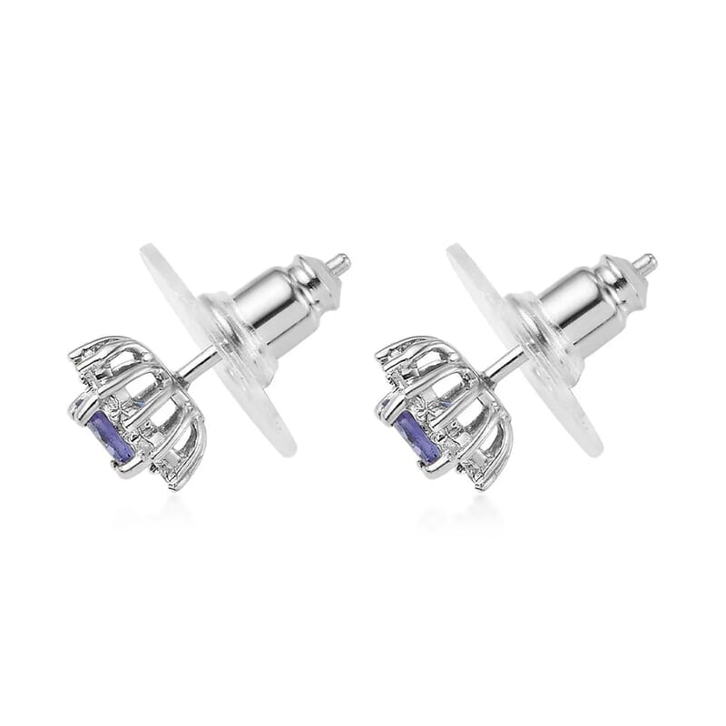 D'Joy Tanzanite and White Zircon 1.00 ctw Flower Stud Earrings in Platinum Over Sterling Silver