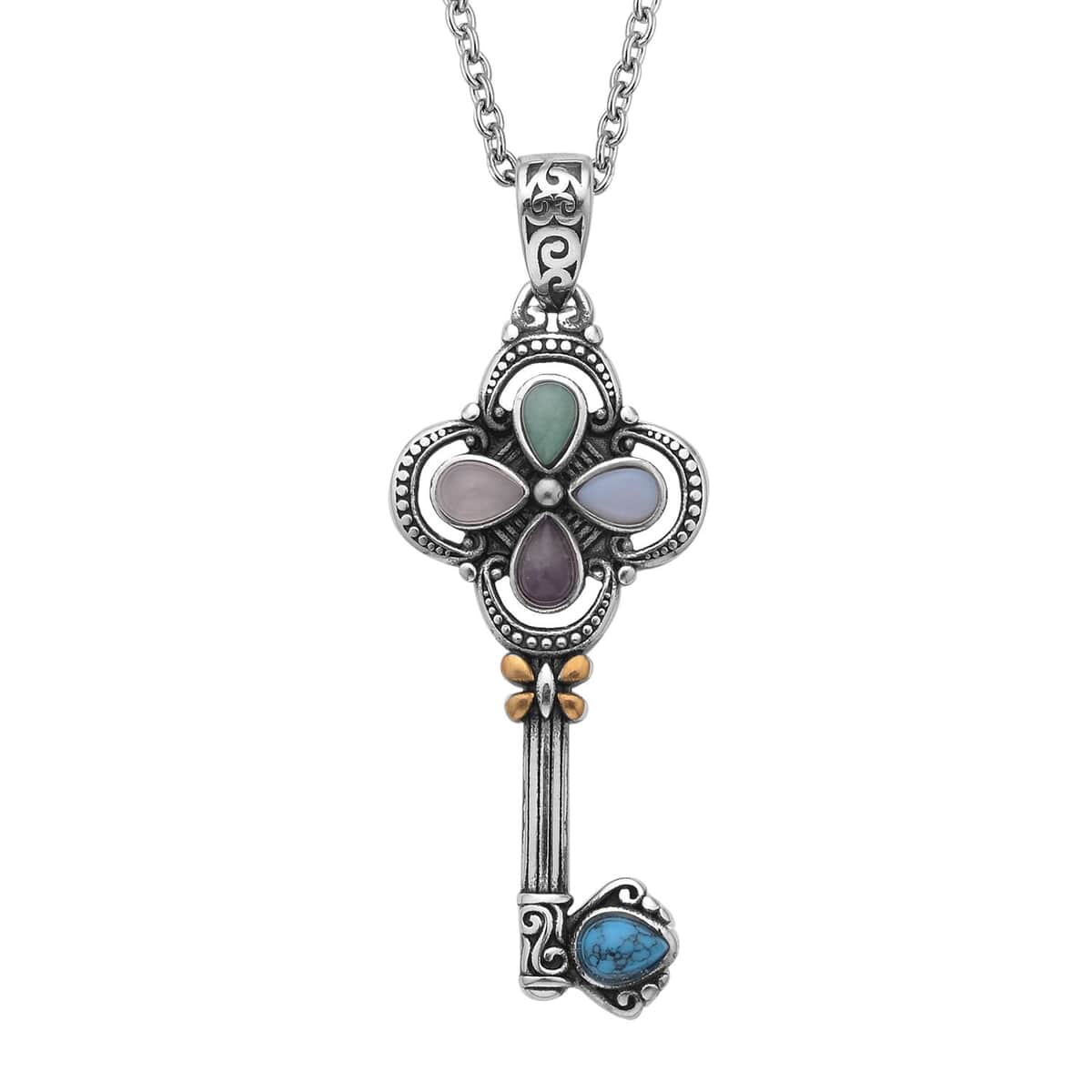 Multi Gemstone Key Pendant Necklace 20 Inches in ION Plated Yellow Gold and Stainless Steel 2.50 ctw image number 0