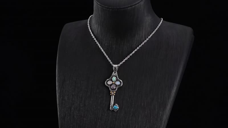 2.50 ctw Multi Gemstone Key Pendant Necklace 20 inch in ION Plated Yellow Gold and Stainless Steel