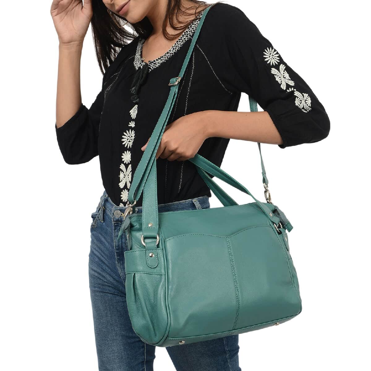 Teal Genuine Leather RFID Sling Bag with Standing Studs image number 2