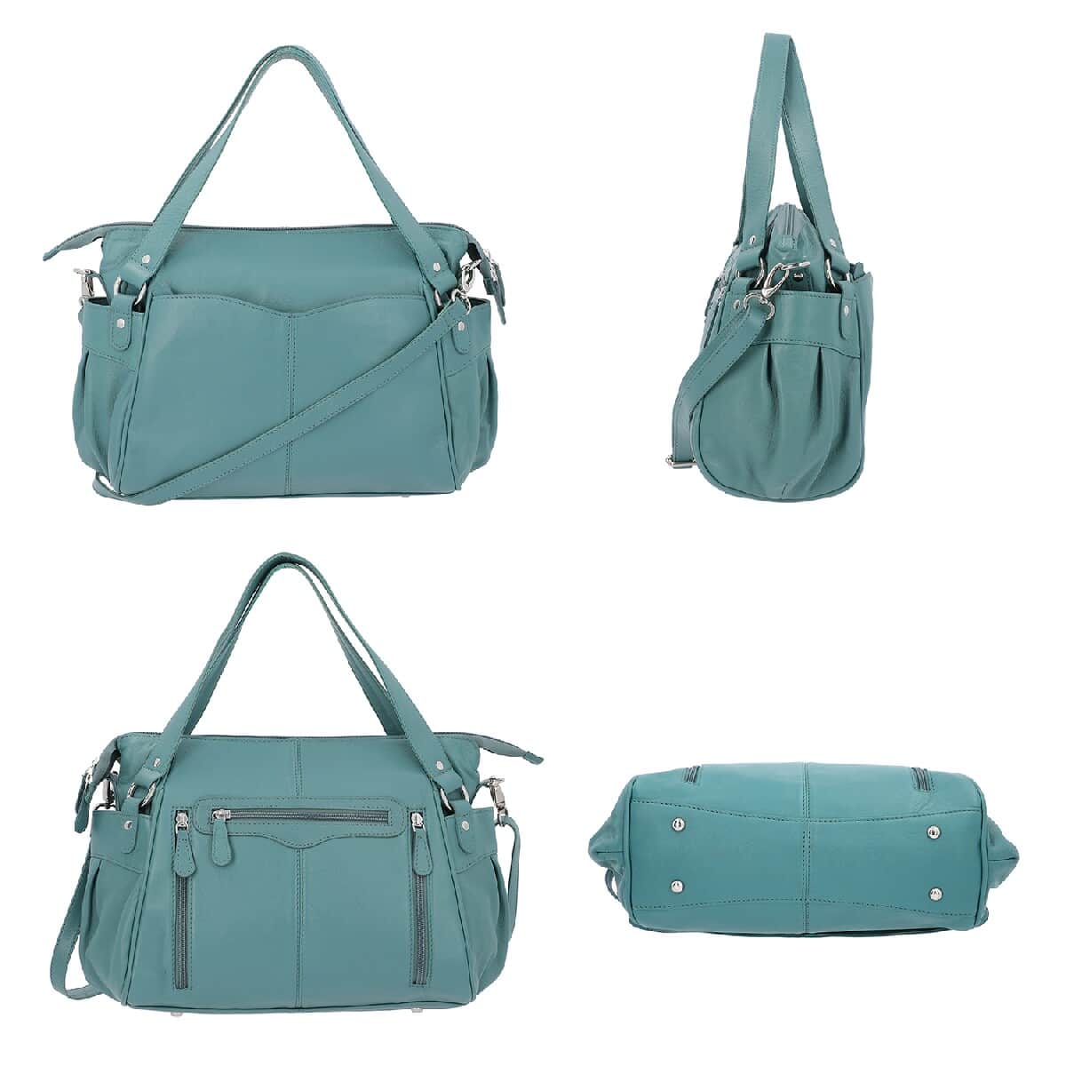 Teal Genuine Leather RFID Sling Bag with Standing Studs image number 3
