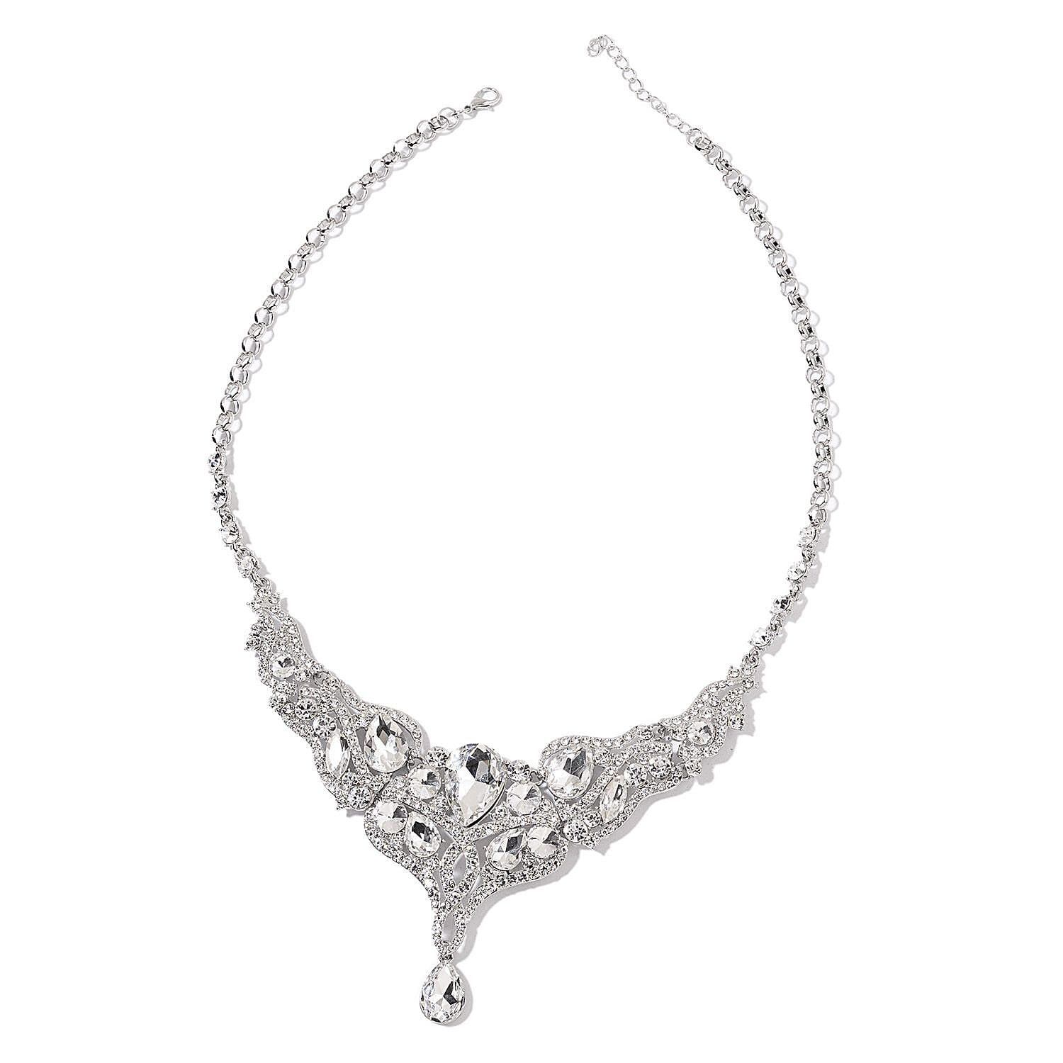 Simulated White Diamond Bib Statement Necklace 22 Inch in Silvertone