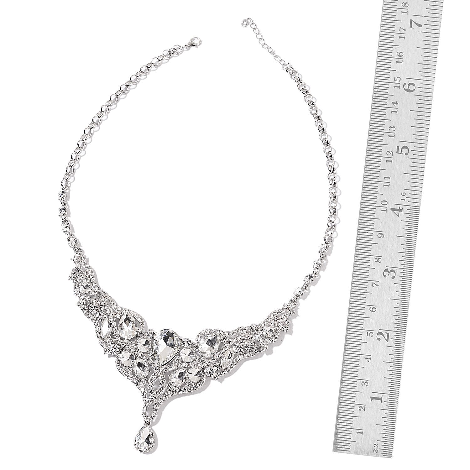 Simulated White Diamond Bib Statement Necklace 22 Inch in Silvertone