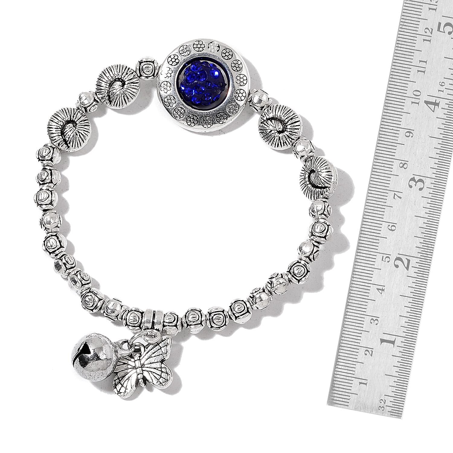 Multi Gemstone, Chroma, White and Blue Austrian Crystal Set of 5 Bracelets in Silvertone (Stretchable)