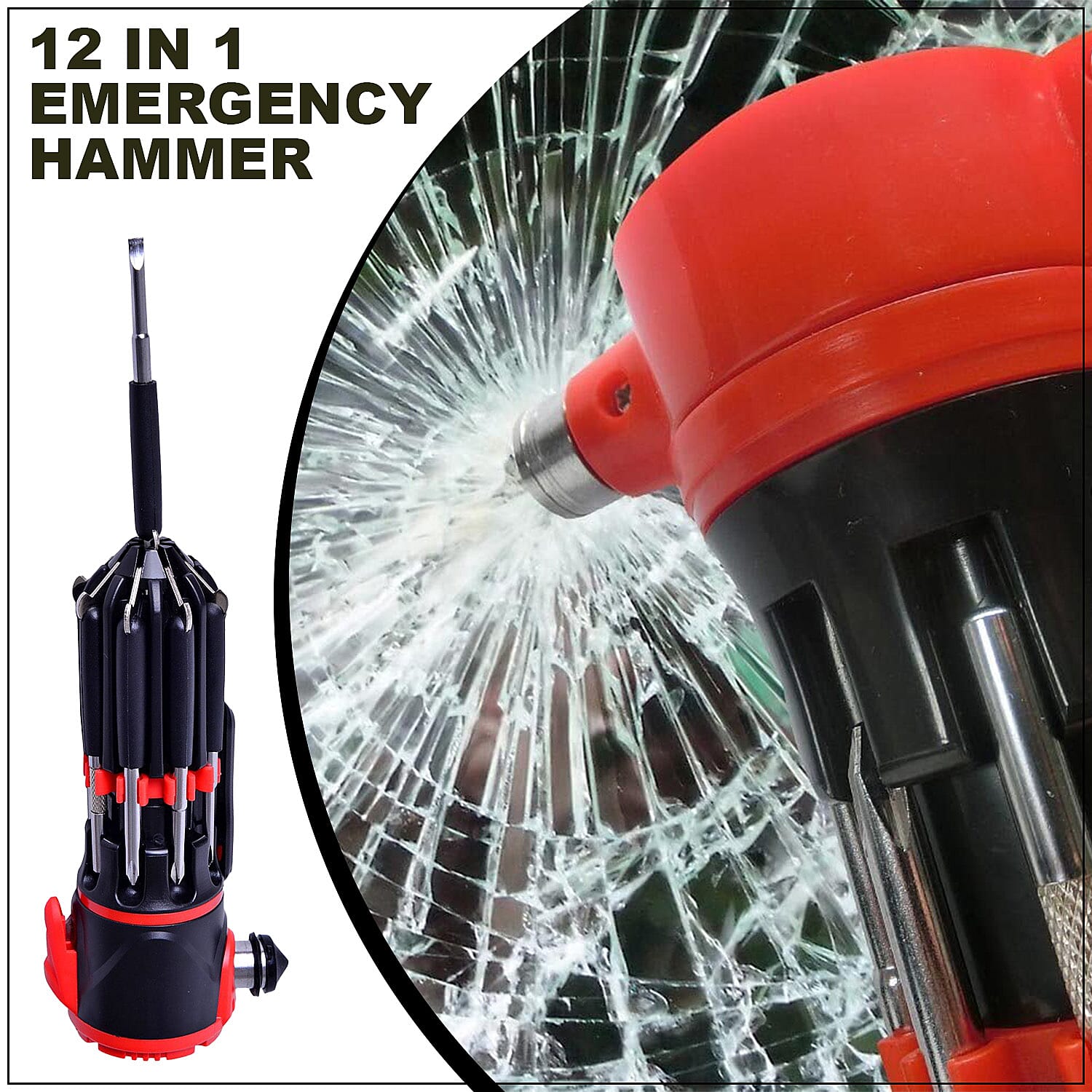 Stainless Steel Black 12 in 1 Emergency Hammer with Cover (AAA Batteries Not Included)