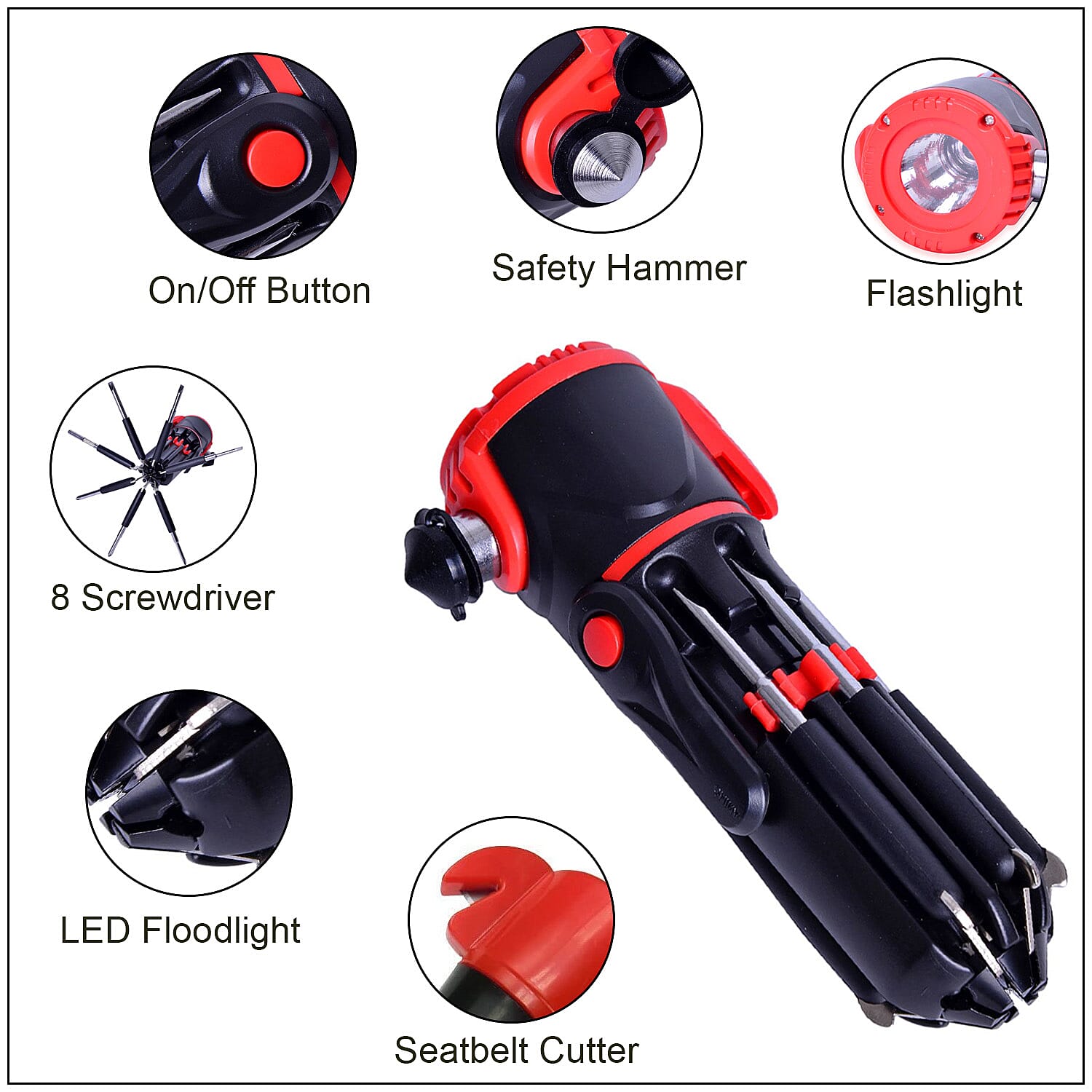 Stainless Steel Black 12 in 1 Emergency Hammer with Cover (AAA Batteries Not Included)