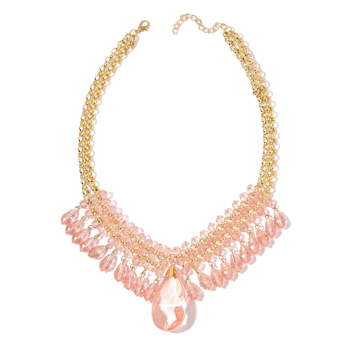 Pink Glass Drop Earrings and V-Shape Tear Drop Necklace 20 Inch in ION Plated Yellow Gold Stainless Steel image number 1