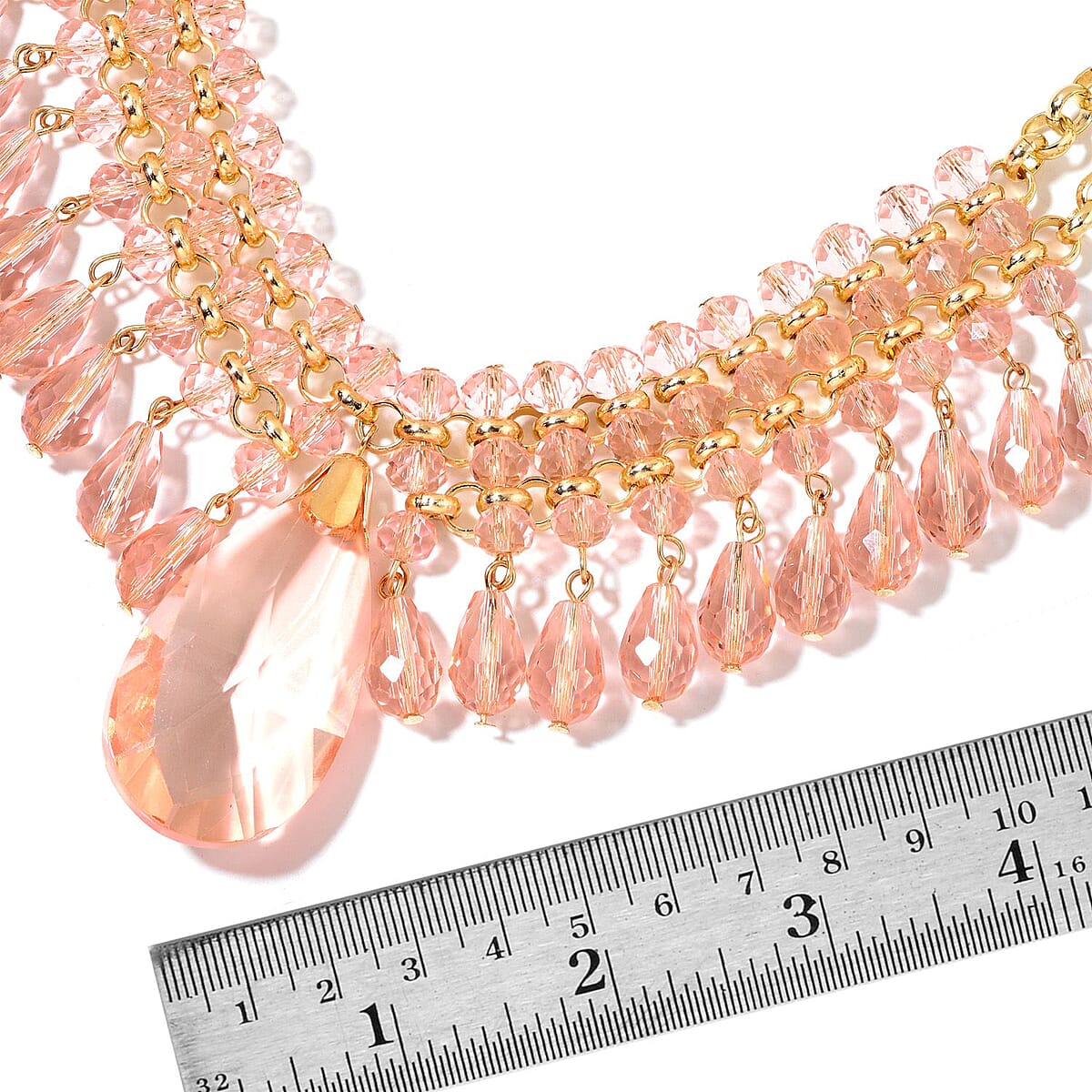 Pink Glass Drop Earrings and V-Shape Tear Drop Necklace 20 Inch in ION Plated Yellow Gold Stainless Steel image number 3