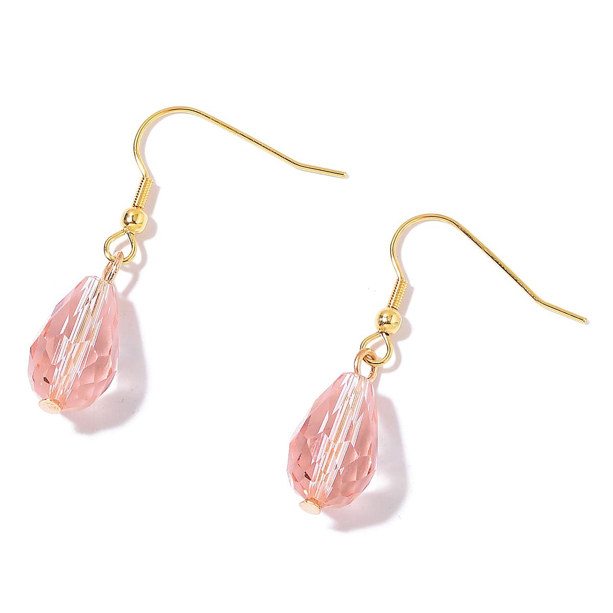 Pink Glass Drop Earrings and V-Shape Tear Drop Necklace 20 Inch in ION Plated Yellow Gold Stainless Steel image number 4