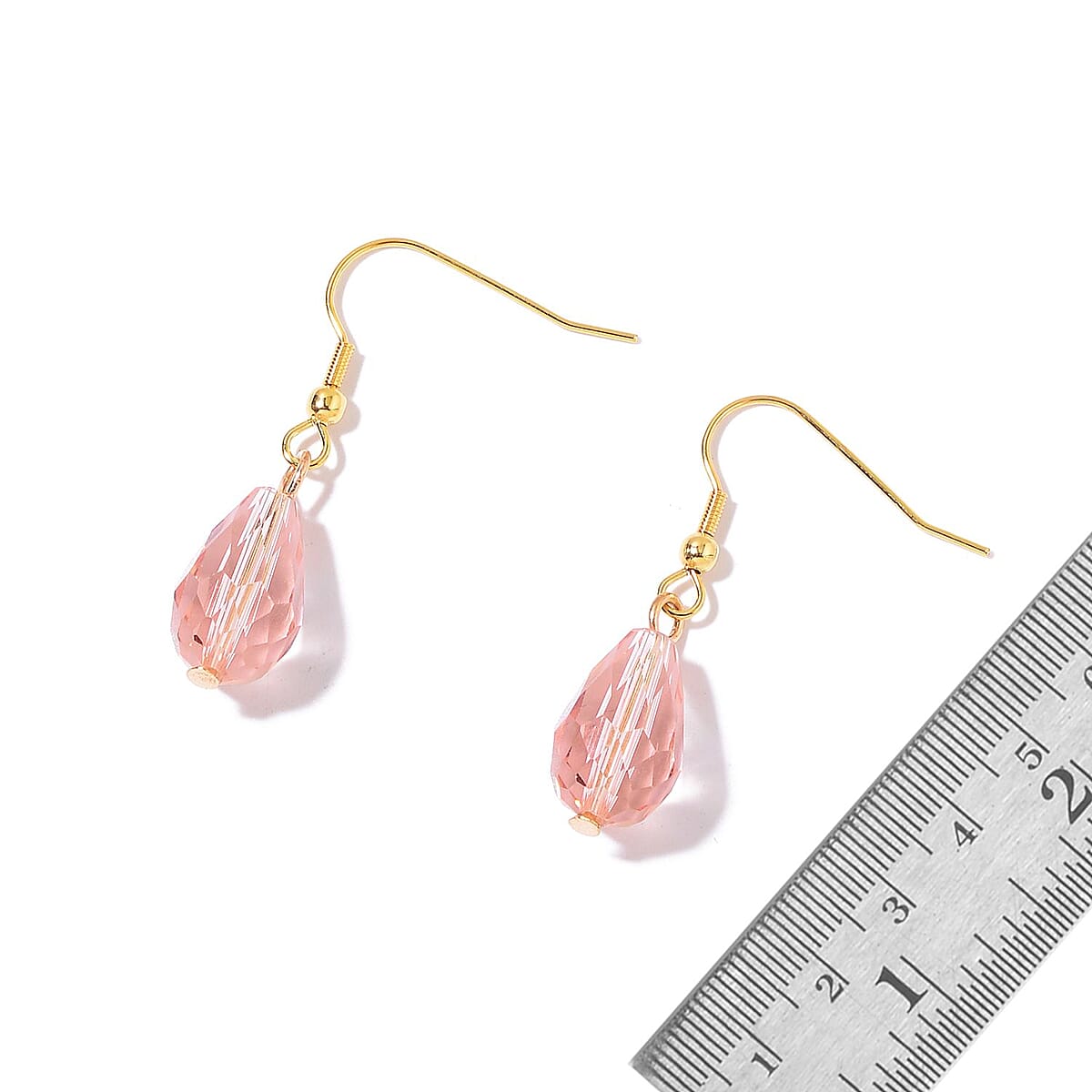 Pink Glass Drop Earrings and V-Shape Tear Drop Necklace 20 Inch in ION Plated Yellow Gold Stainless Steel image number 5