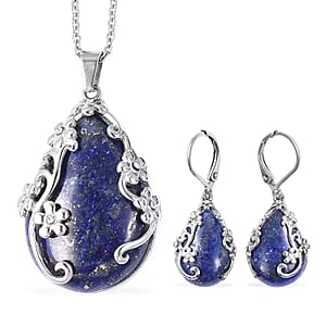 Lapis Lazuli and White Austrian Crystal 92.80 ctw Floral Earrings and Pendant Necklace in Stainless Steel 20 Inches