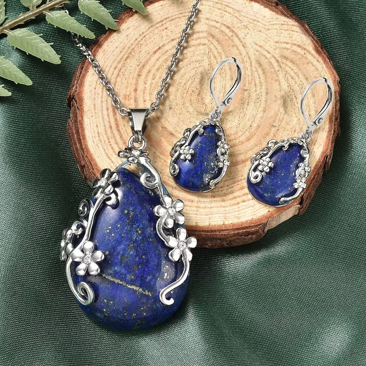 Lapis Lazuli and White Austrian Crystal 92.80 ctw Floral Earrings and Pendant Necklace in Stainless Steel 20 Inches image number 2