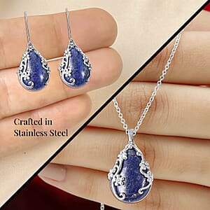 Lapis Lazuli and White Austrian Crystal 92.80 ctw Floral Earrings and Pendant Necklace in Stainless Steel 20 Inches