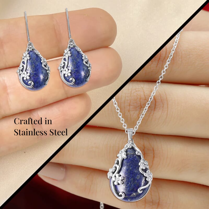 Lapis Lazuli and White Austrian Crystal 92.80 ctw Floral Earrings and Pendant Necklace in Stainless Steel 20 Inches