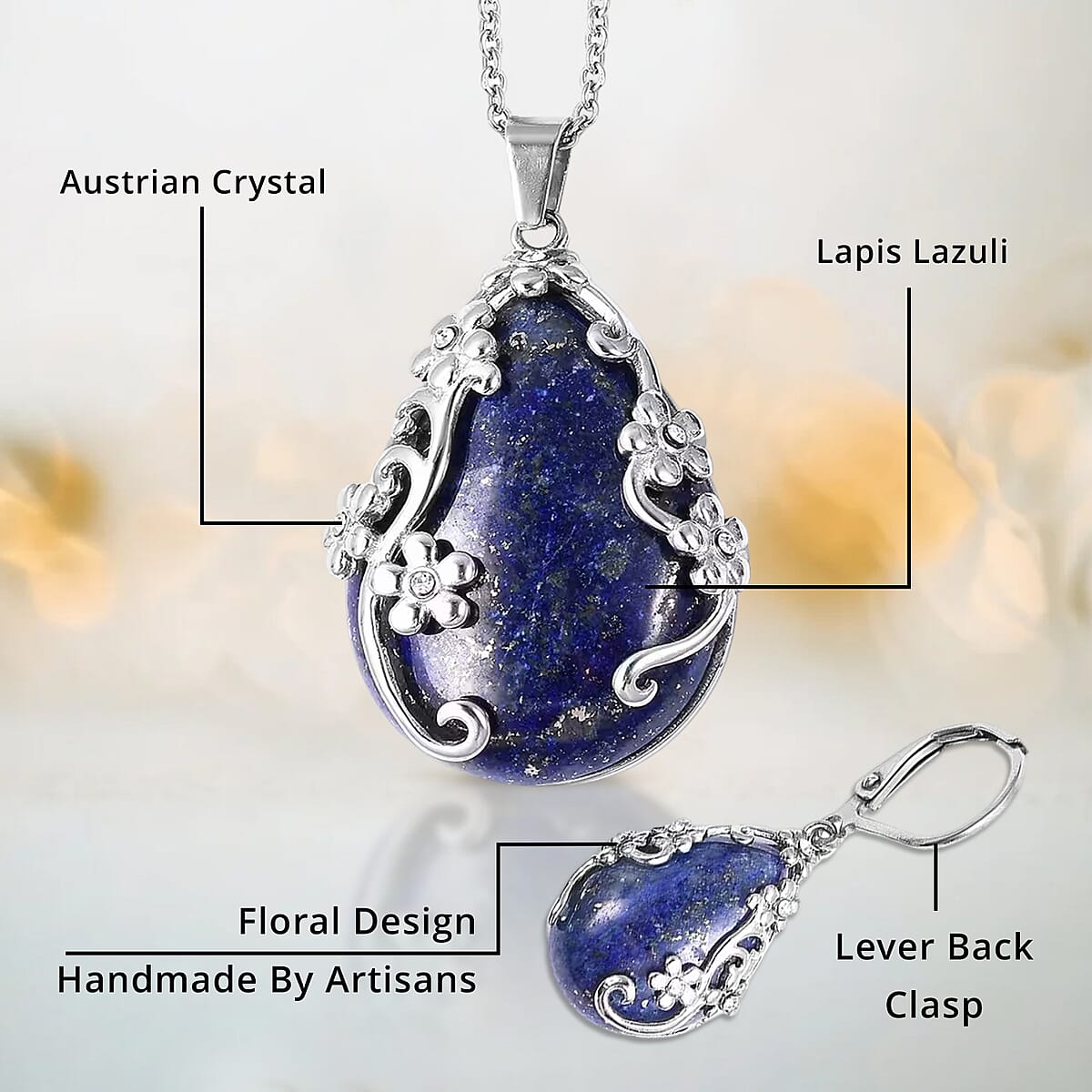 Lapis Lazuli and White Austrian Crystal 92.80 ctw Floral Earrings and Pendant Necklace in Stainless Steel 20 Inches image number 4