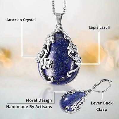 Lapis Lazuli and White Austrian Crystal 92.80 ctw Floral Earrings and Pendant Necklace in Stainless Steel 20 Inches