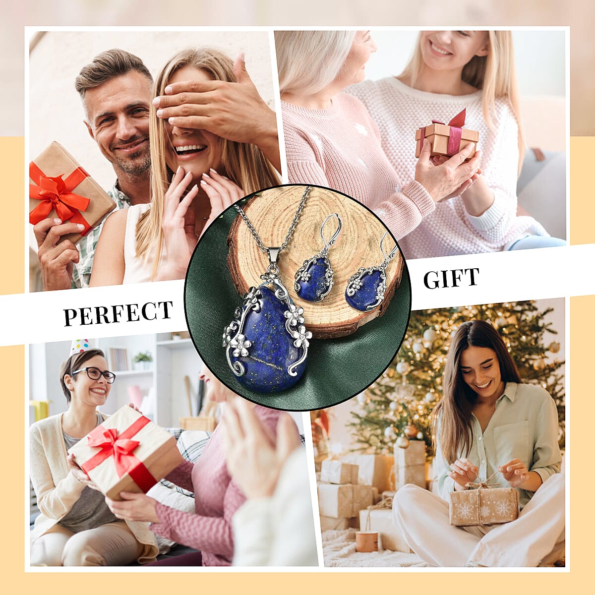 Lapis Lazuli and White Austrian Crystal 92.80 ctw Floral Earrings and Pendant Necklace in Stainless Steel 20 Inches image number 5