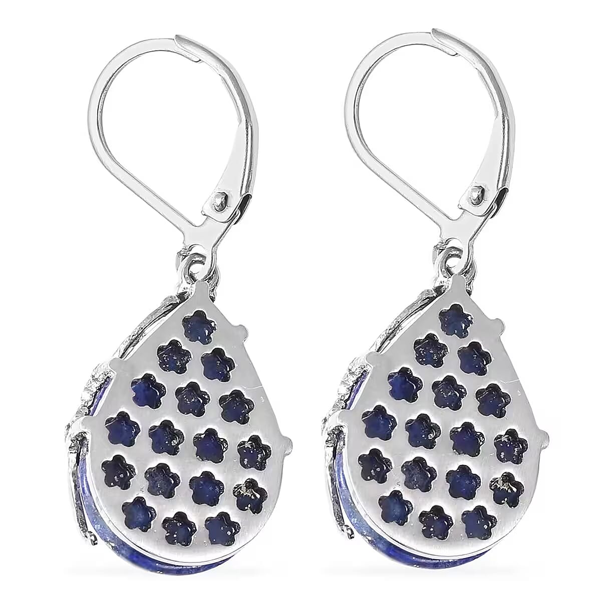 Lapis Lazuli and White Austrian Crystal 92.80 ctw Floral Earrings and Pendant Necklace in Stainless Steel 20 Inches image number 7