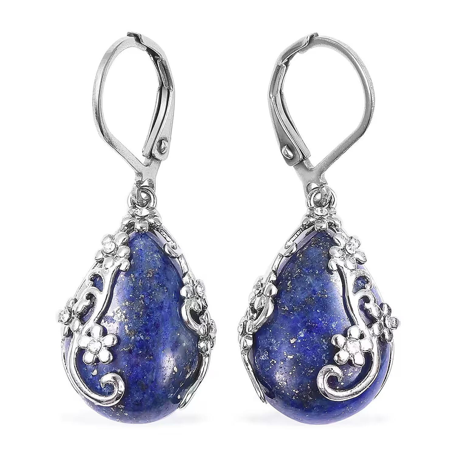 Lapis Lazuli and White Austrian Crystal 92.80 ctw Floral Earrings and Pendant Necklace in Stainless Steel 20 Inches
