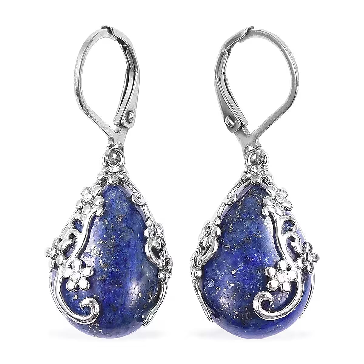Lapis Lazuli and White Austrian Crystal 92.80 ctw Floral Earrings and Pendant Necklace in Stainless Steel 20 Inches image number 8