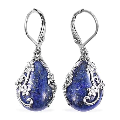 Lapis Lazuli and White Austrian Crystal 92.80 ctw Floral Earrings and Pendant Necklace in Stainless Steel 20 Inches