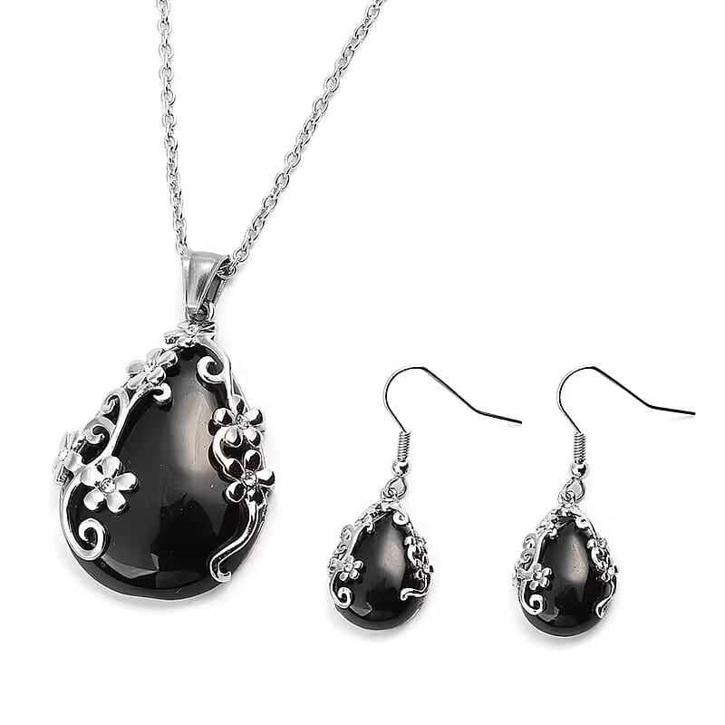 Set of Black Onyx 60.35 ctw Floral Earrings and Pendant Necklace, White Austrian Crystal Accent Jewelry Set in Stainless Steel, Birthday Gifts For Her