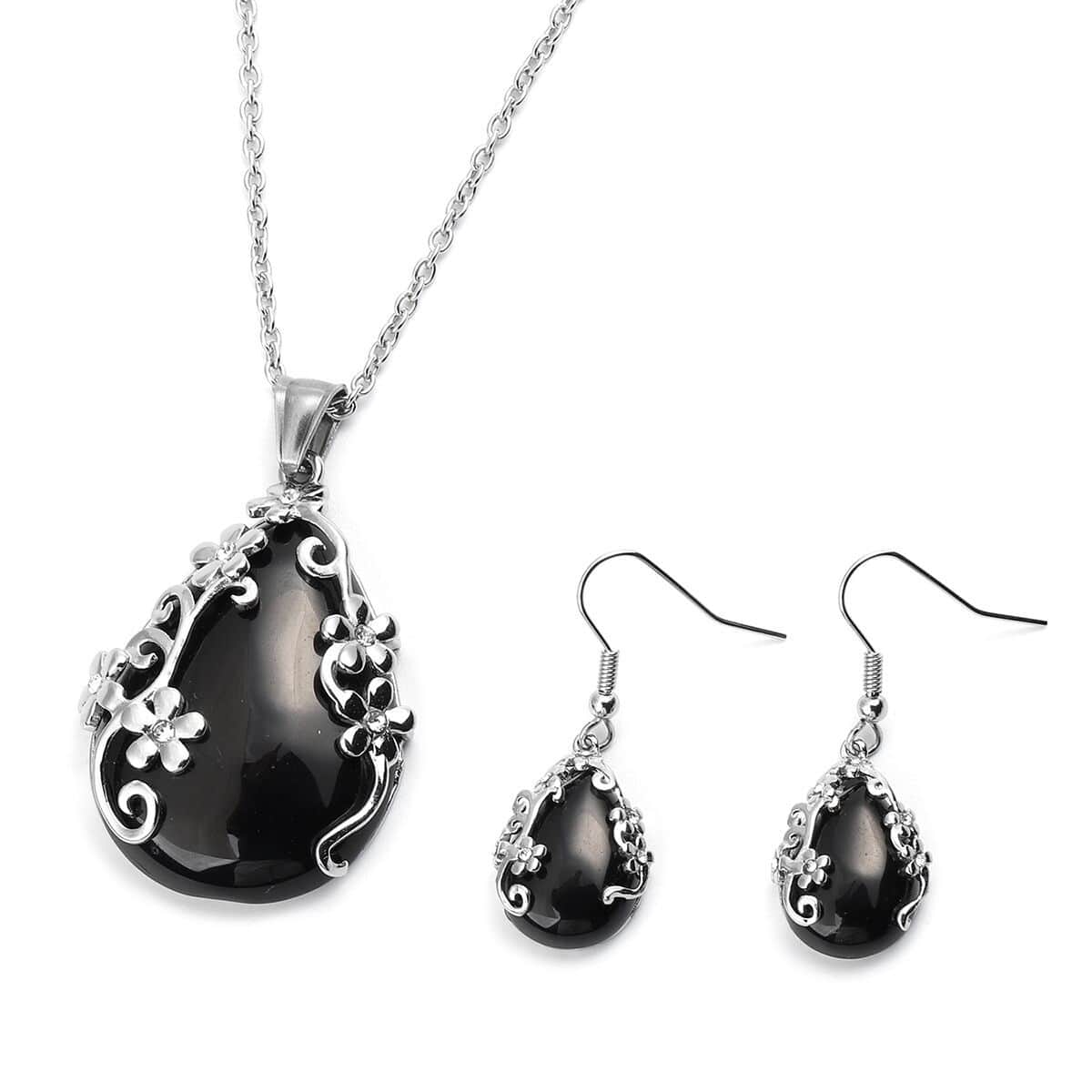 Black Onyx and White Austrian Crystal Lever Back Floral Earrings and Pendant Necklace 20 Inches in Stainless Steel 60.35 ctw image number 0